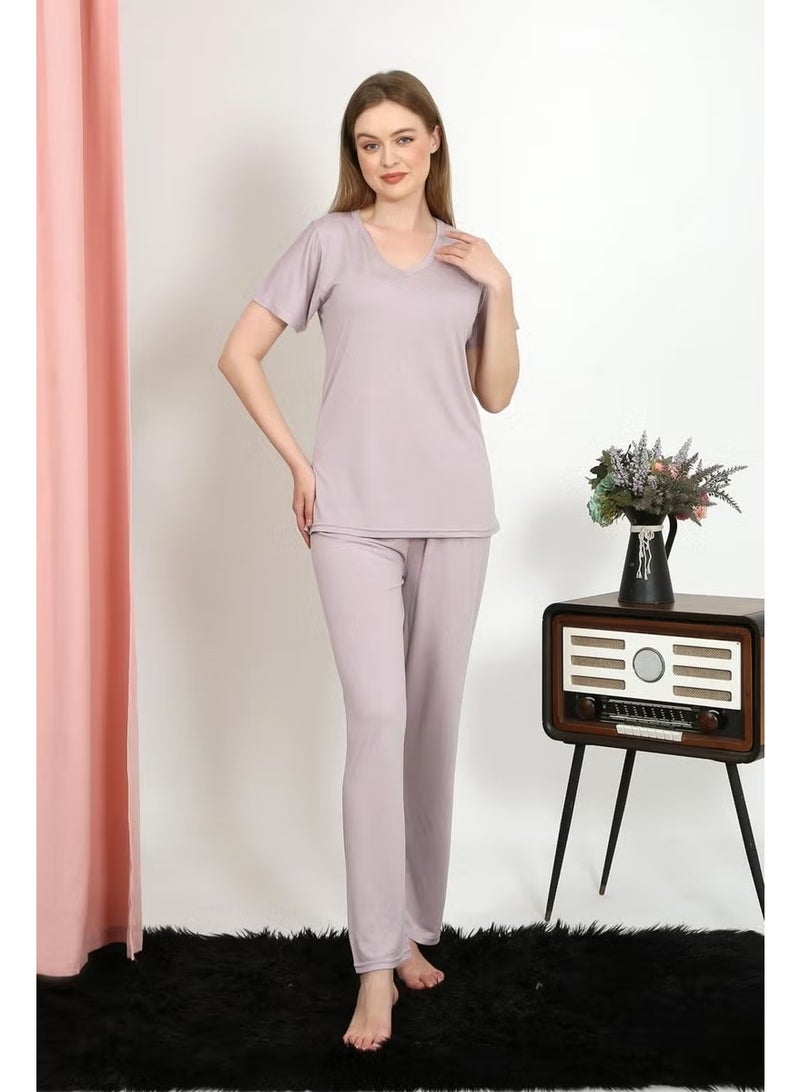 Akbeniz Women's Short Sleeve Cotton Combed Pajama Set Powder 4213 - Image 4